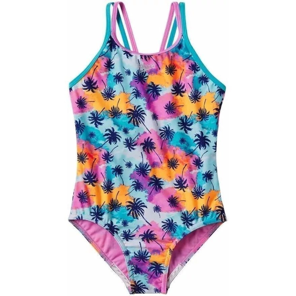 Speedo Girl XS One Piece Swimsuit‎ Multicolor Tropical Palm Tree Print Racerback